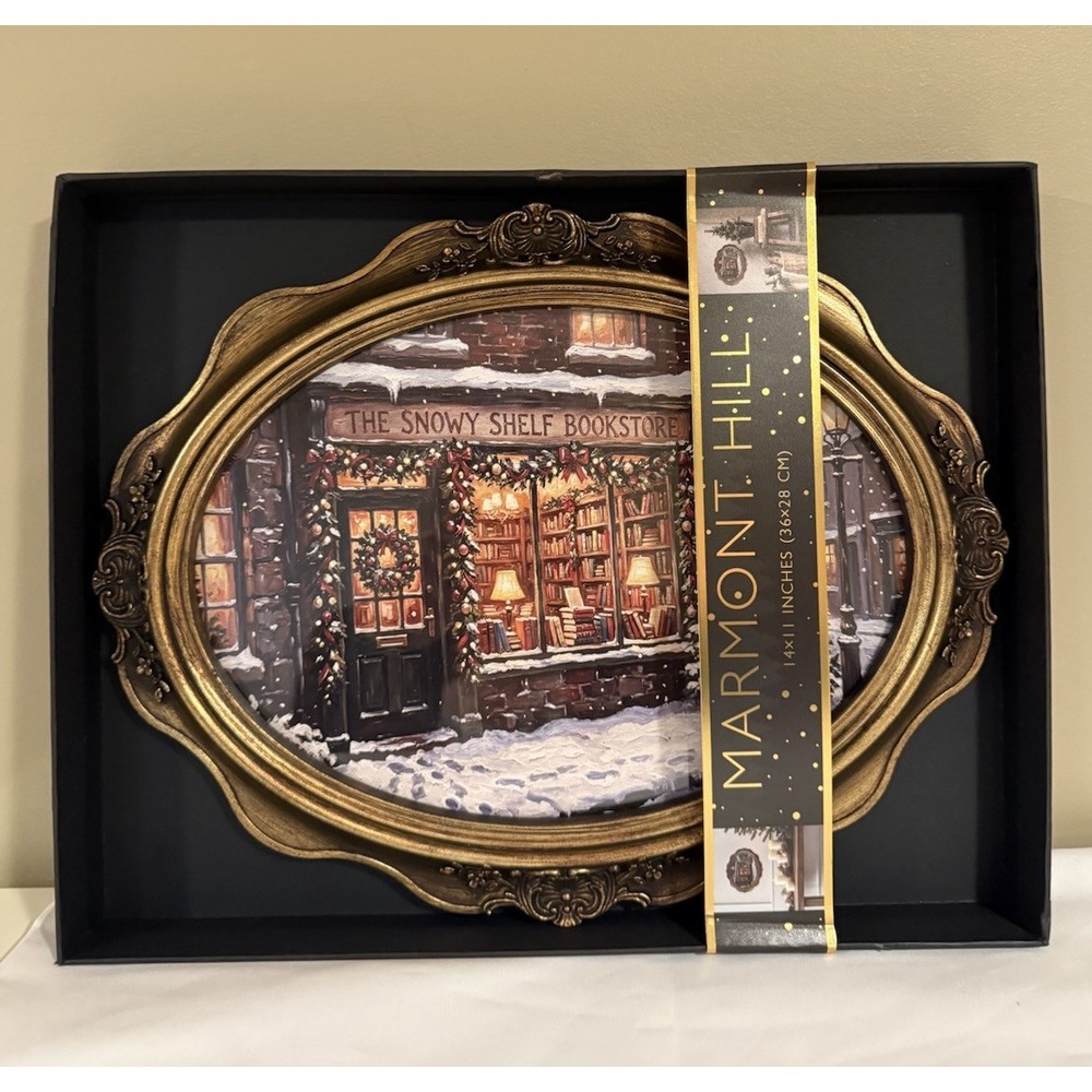 New Release Marmont Hill Christmas Snowy Shelf Bookstore Framed Wall Art 14 X 11